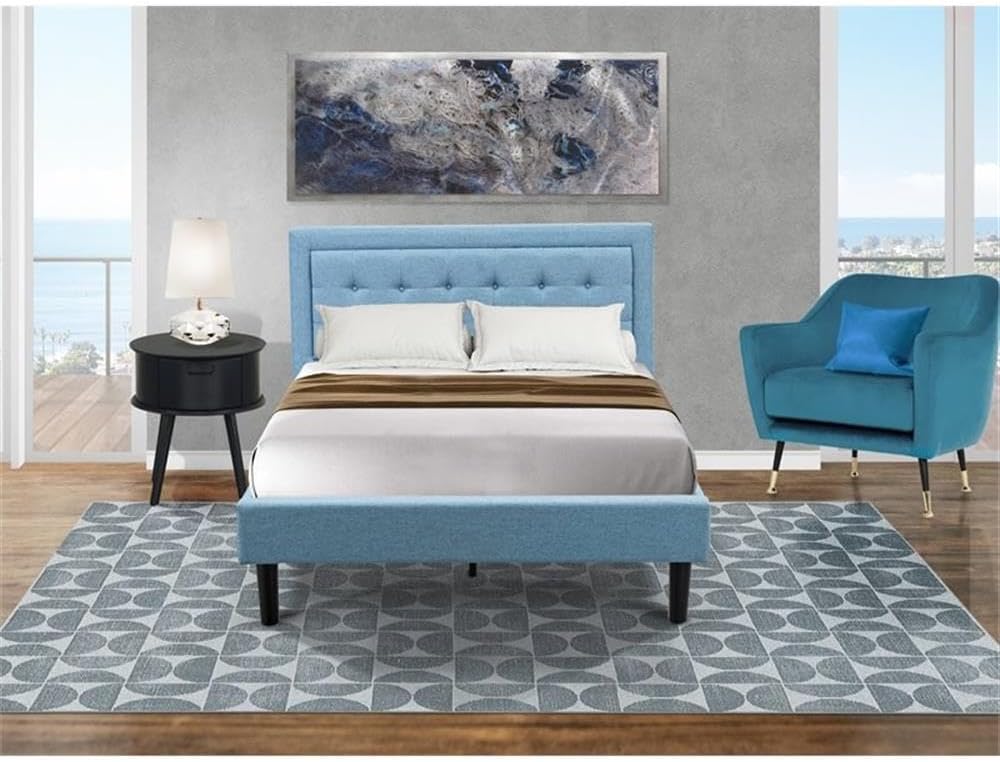 East West Furniture FN11F-1GO15 2-Pc Platform Full Size Bed Set with 1 Bed Frame and a Night Stand for Bedrooms - Reliable and Sturdy Construction - Denim Blue Linen Fabric