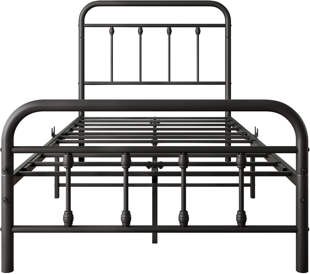 Vintage Twin Size Bed Frame with Headboard and Footboard Mattress Heavy Duty Metal Platform, Steel Slat Support (Twin, Black Sanded)