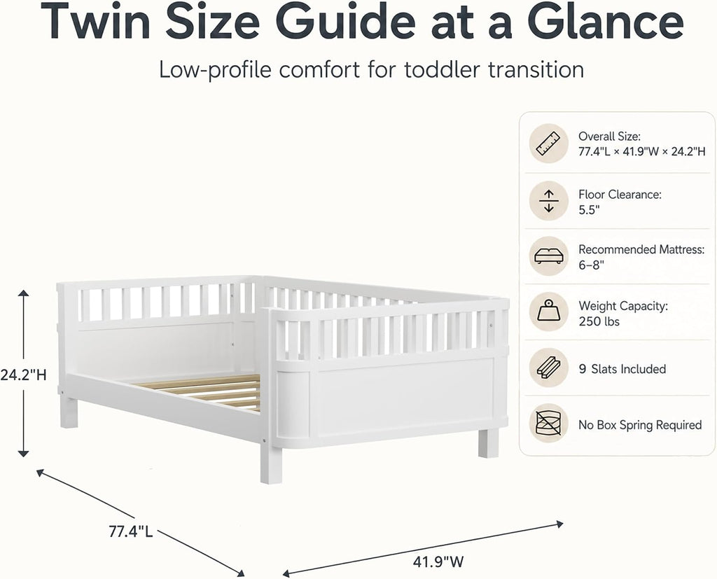 Twin Size Kids Bed Frame, Low Profile Montessori Twin Bed with Rails, Wood Daybed for Girls & Boys, No Spring Box Required, No Squeaks, White