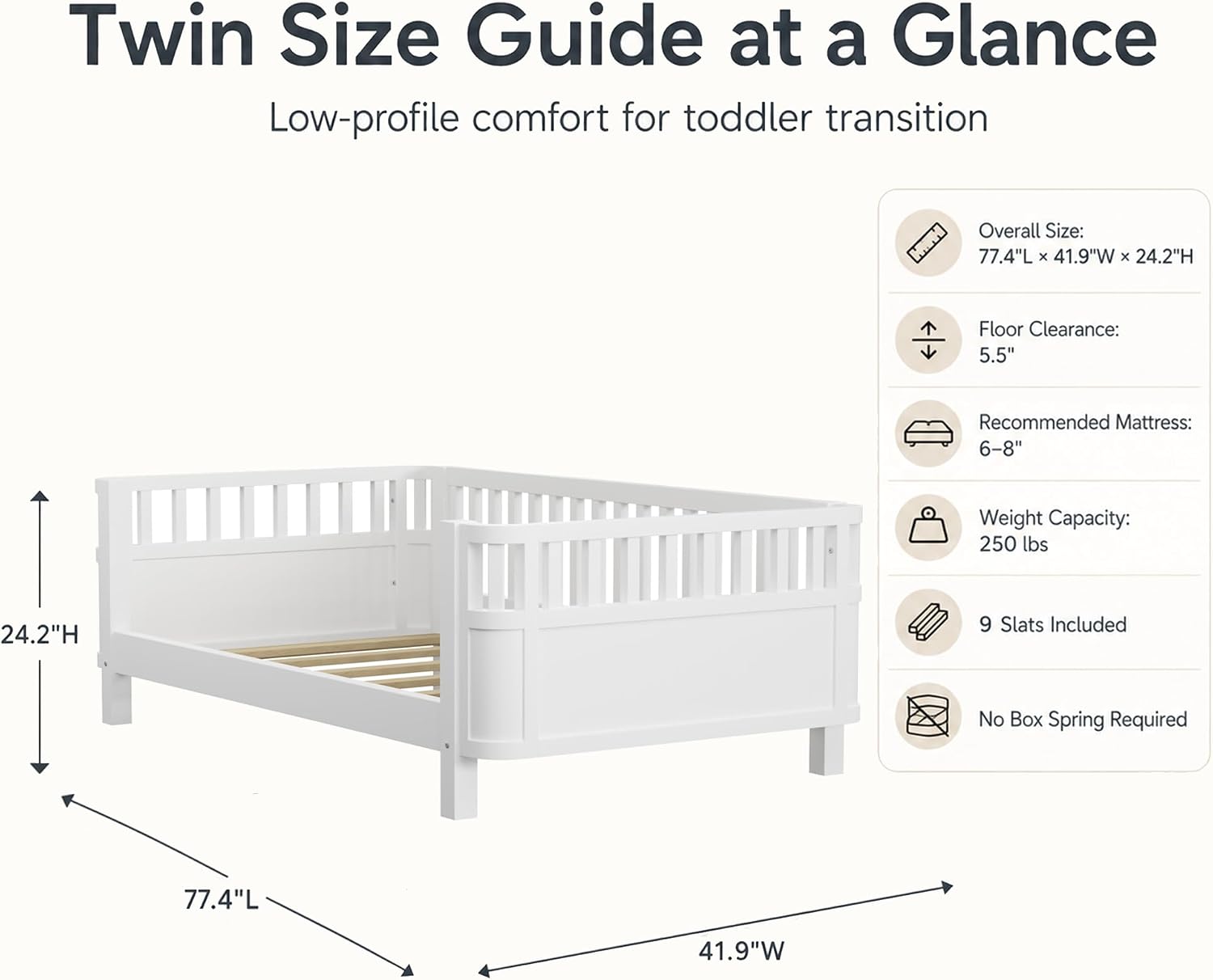 Twin Size Kids Bed Frame, Low Profile Montessori Twin Bed with Rails, Wood Daybed for Girls & Boys, No Spring Box Required, No Squeaks, White