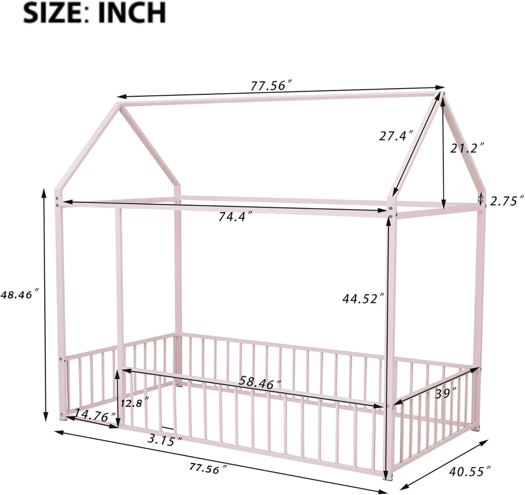 Bellemave Twin Size House Floor Montessori Bedframe with Rails and roof, Metal House Bed for Kids, Montessori Floor Beds for Kids,Pink