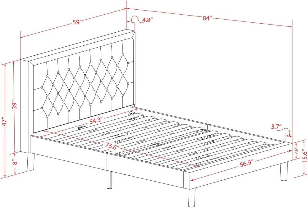 East West Furniture KDF-16-F Platform Full Size Bed - Dark Khaki Linen Fabric Upholstered Bed Headboard with Button Tufted Trim Design - Black Legs