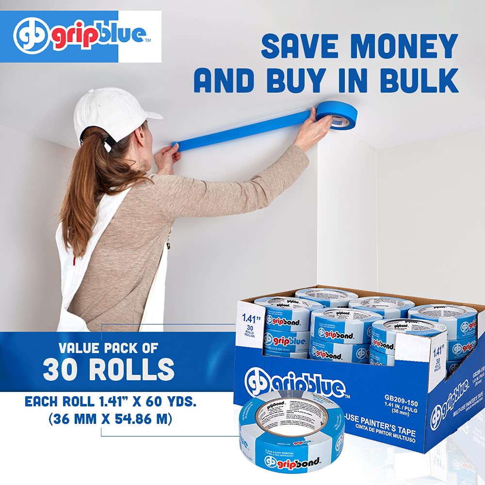 Blue Painters Tape 1.5 Inch Wide, 30 Rolls Masking Tape - Perfect for Precise Lines on Walls & Trim, Multi-Surface, Residue-Free, Easy Removal - Ideal for Indoor & Outdoor Use, 1.41in x 60yds