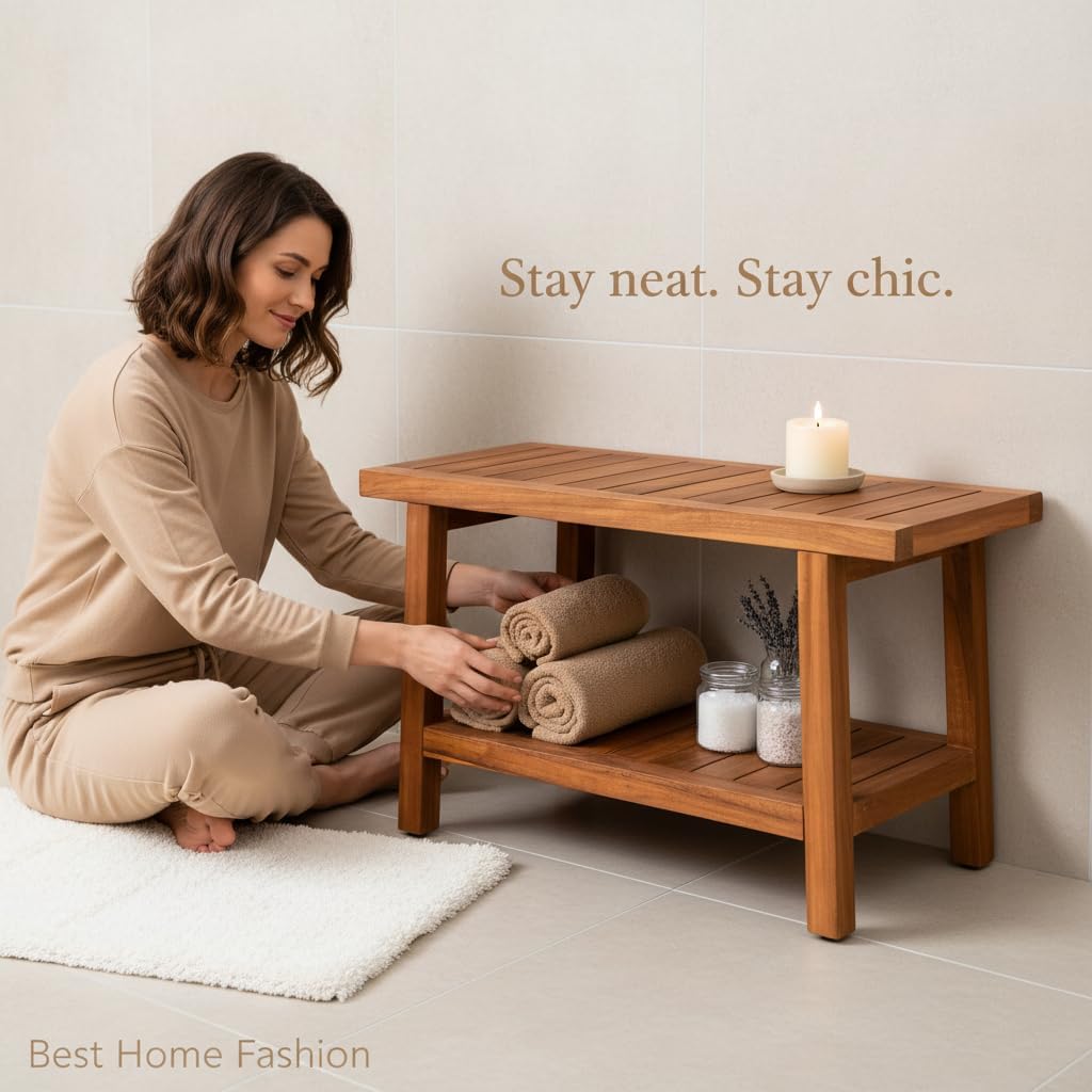 Best Home Fashion Teak Shower Bench Table with Shelf, Large Side Table for Bathroom and Spa - 14' W x 30' L x 18' H