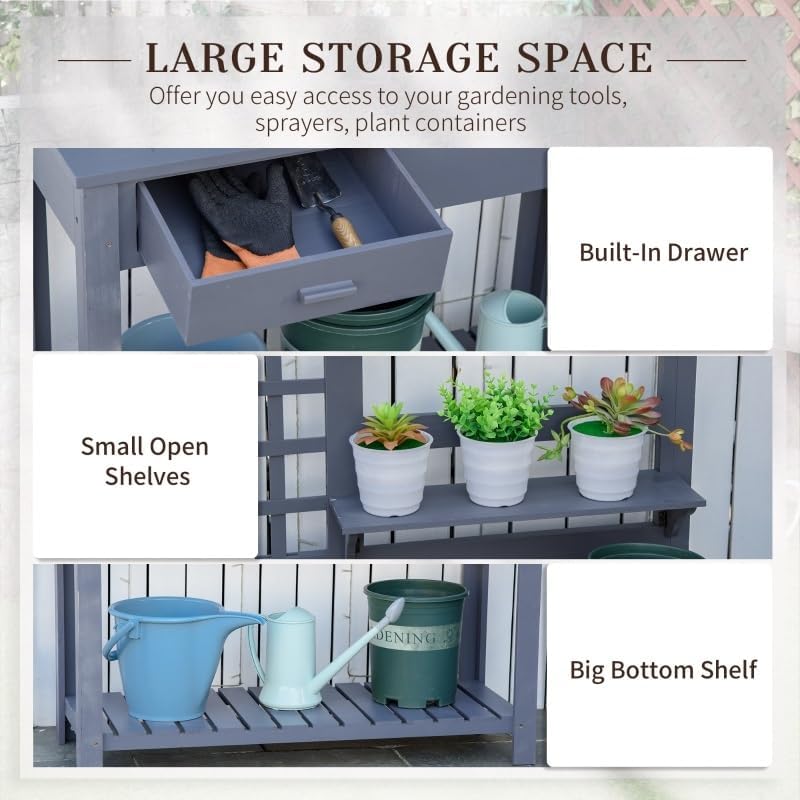 Grey Potting Bench Table, Garden Work, Outdoor Wooden Workstation with Tiers of Shelves and Drawer
