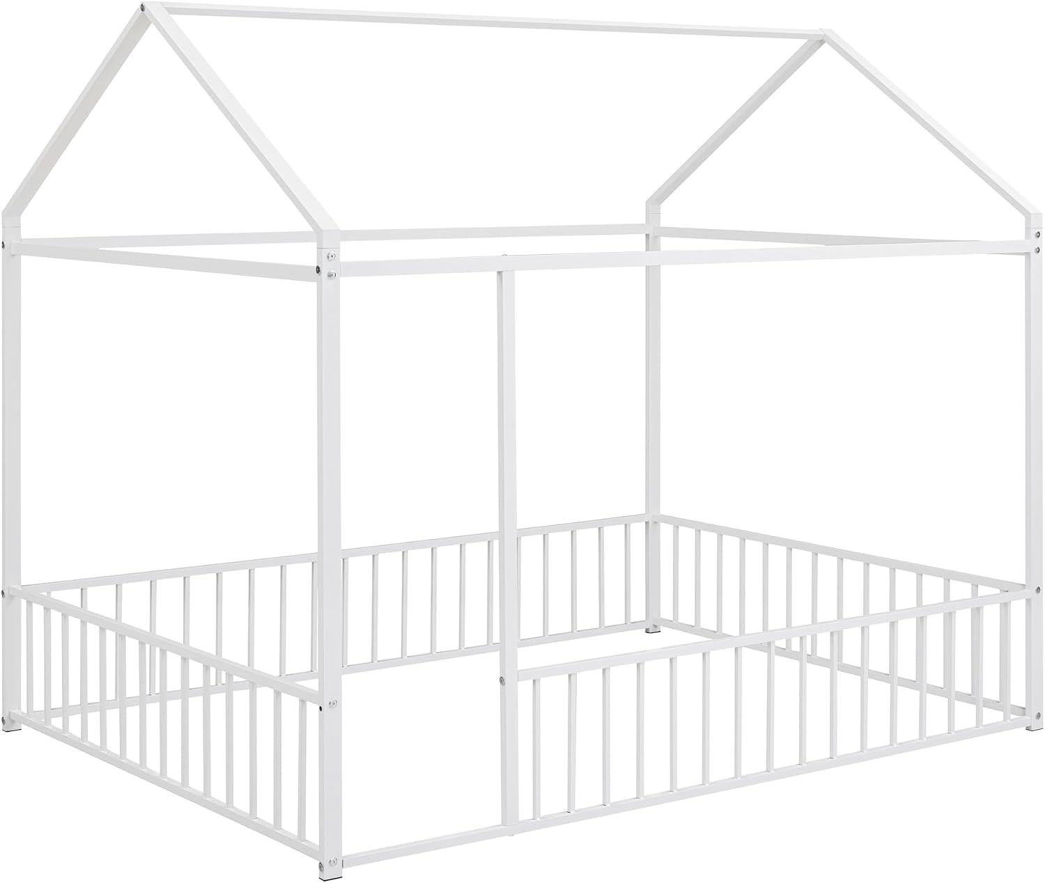 Bellemave Full Size House Floor Montessori Bedframe with Rails and roof, Metal House Bed for Kids, Montessori Floor Beds for Kids White