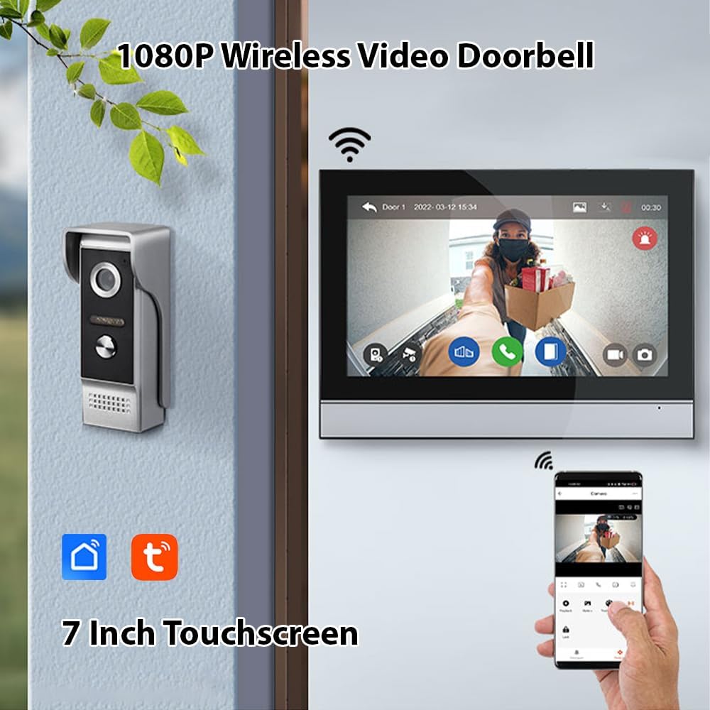 WiFi Video Intercom System, Video Doorbell Camera with Monitor Wireless,1080P IR & Night Vision Camera, 7 Inch Touch Screen Support TY APP, 2-Way Audio, Electronic Photo Frame, Waterproof