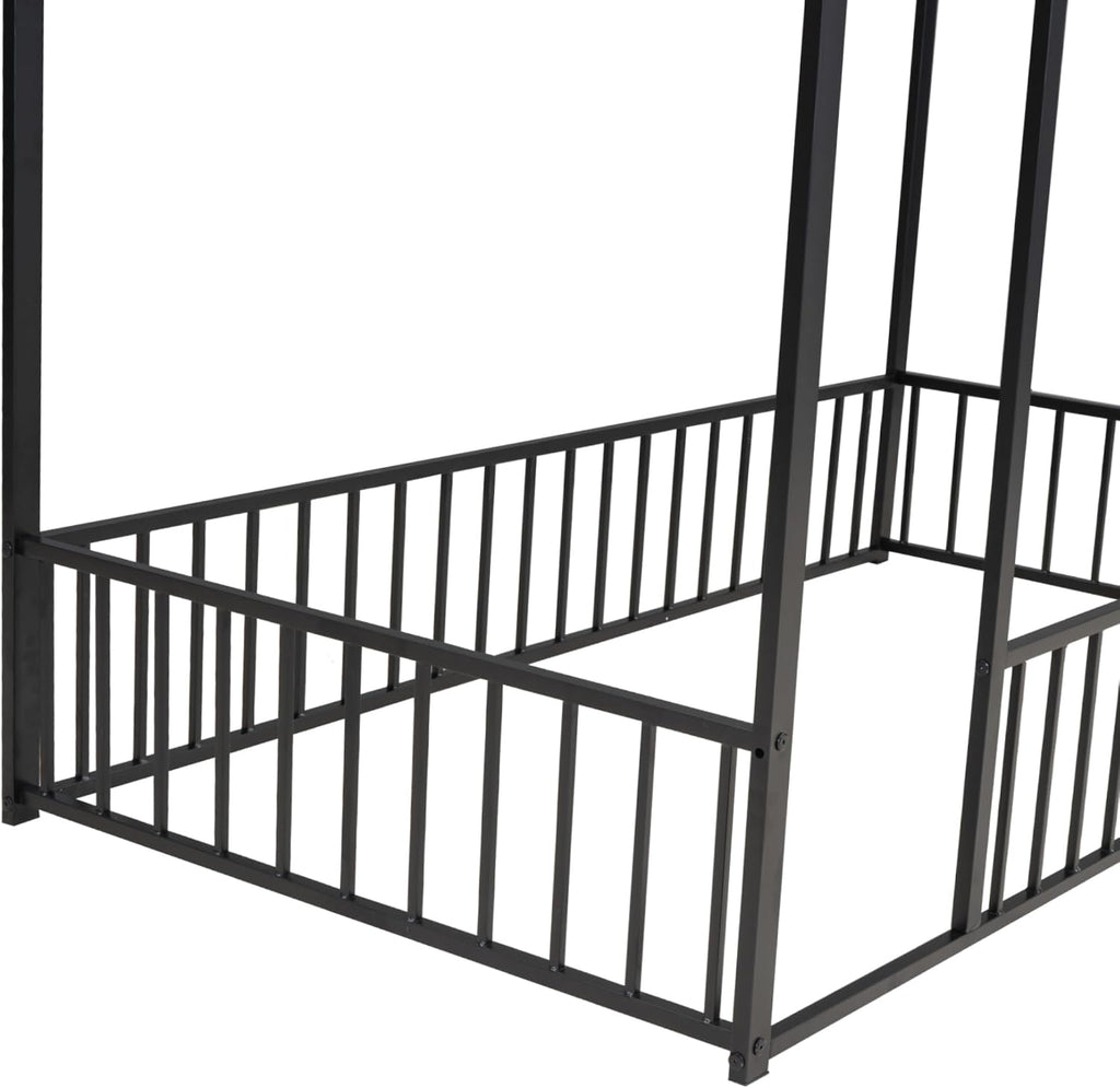 Bellemave Twin Size House Floor Montessori Bedframe with Rails and roof, Metal House Bed for Kids, Montessori Floor Beds for Kids, Black