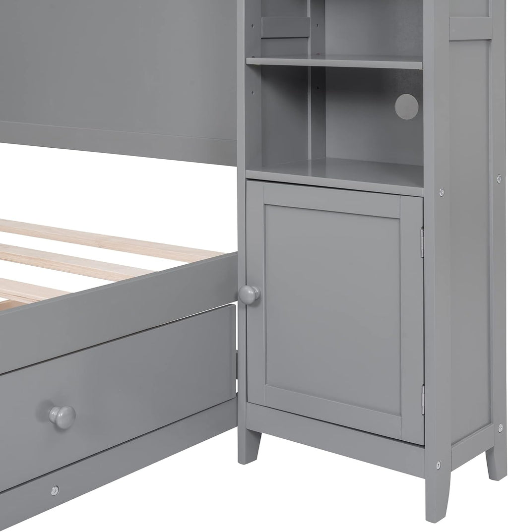 Harper & Bright Designs Full Size Wood Bed Frame with Bookcase Headboard,Open Shelves,4 Drawers and Cabinet,Space Saving Storage Platform Bed for Kids Teens Adults,No Box Spring Needed,Gray