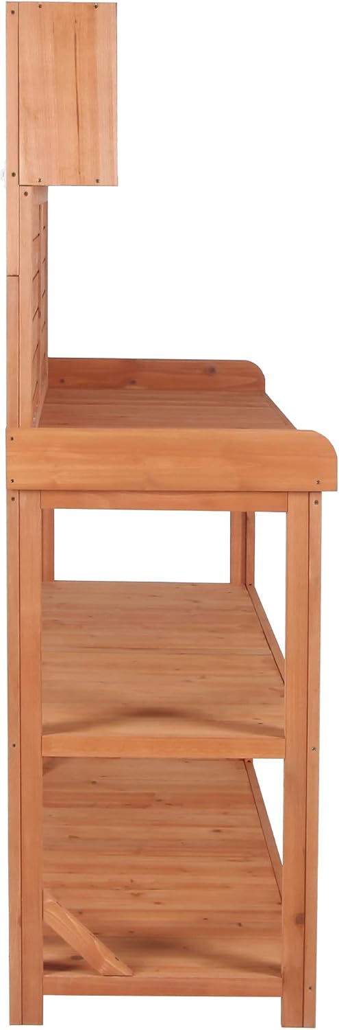 65' Large Wooden Farmhouse Rustic Outdoor Potting Bench, Patio Workstation with 4 Storage Shelves, Side Hooks & Anti-Falling Safety Device, Fir Wood Garden Potting Table (Natural)