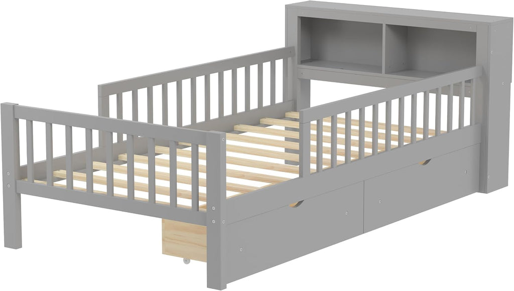 Kids Twin Size Bed Frame with Storage Drawers and Bookcase,Wood Twin Bed Frames for Kids,Twin Bed Frame with Headboard and Footboard for Boys Girls,No Box Spring Needed,Gray