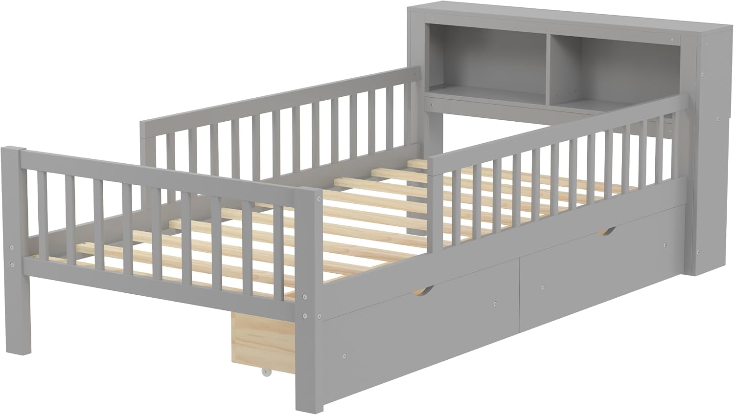 Kids Twin Size Bed Frame with Storage Drawers and Bookcase,Wood Twin Bed Frames for Kids,Twin Bed Frame with Headboard and Footboard for Boys Girls,No Box Spring Needed,Gray