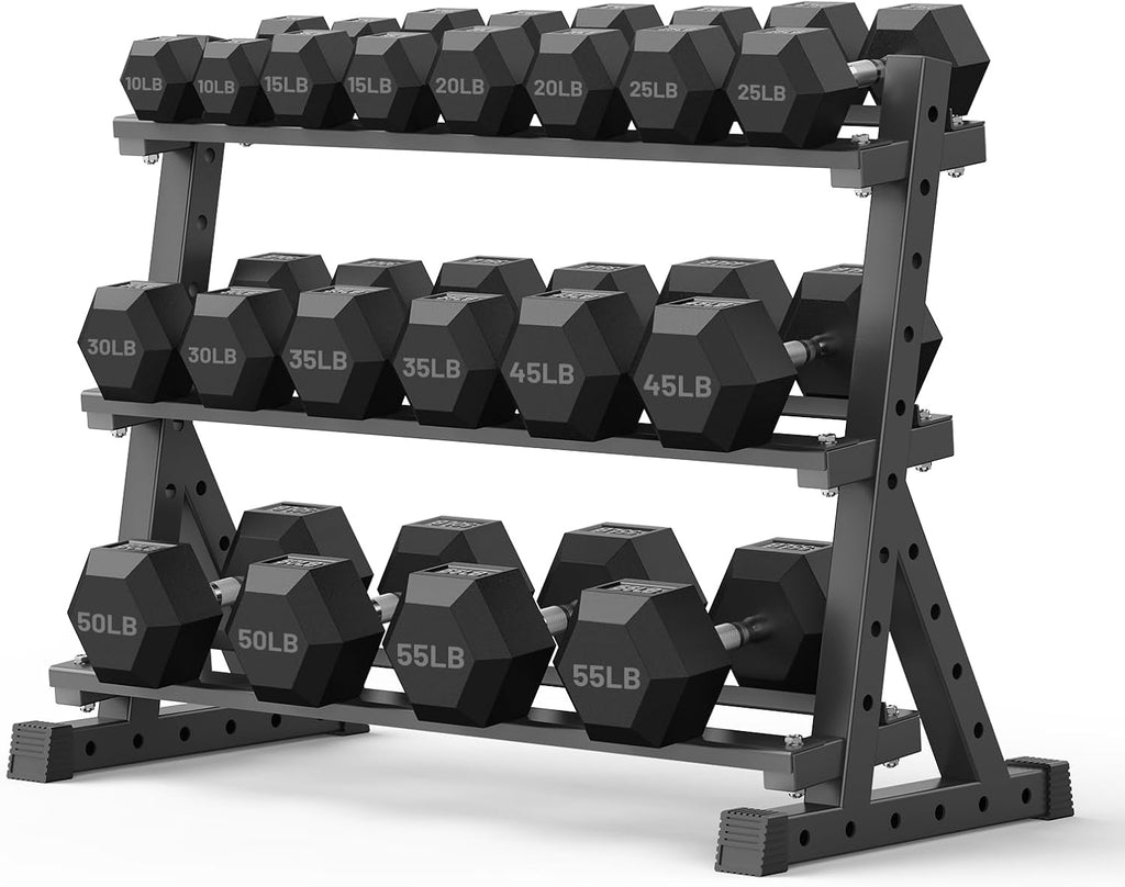 PAPABABE Hex Dumbbell Set with Rack, Rubber Encased Free Weight with Weight Storage Racks, Multiple Weight Options for Home Gym and Fitness