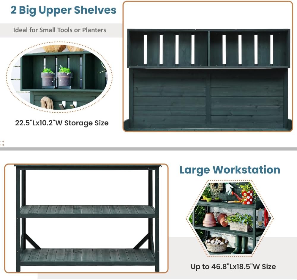 Rustic Wooden Garden Potting Bench with Storage Shelves and Side Hook for Outdoor Patio Workstation and Planting Tasks (Green + Solid Wood + Wood-1)