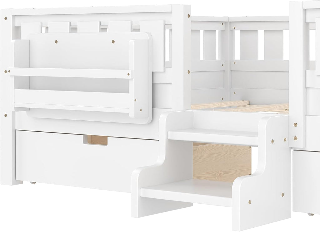 Bellemave Queen Size Bed with Slats and Stairs, Queen Size Platform Bed Frame with Fence, Bookshelf and Storage Drawers, Easy Assemble Beds for Girls, Boys, White