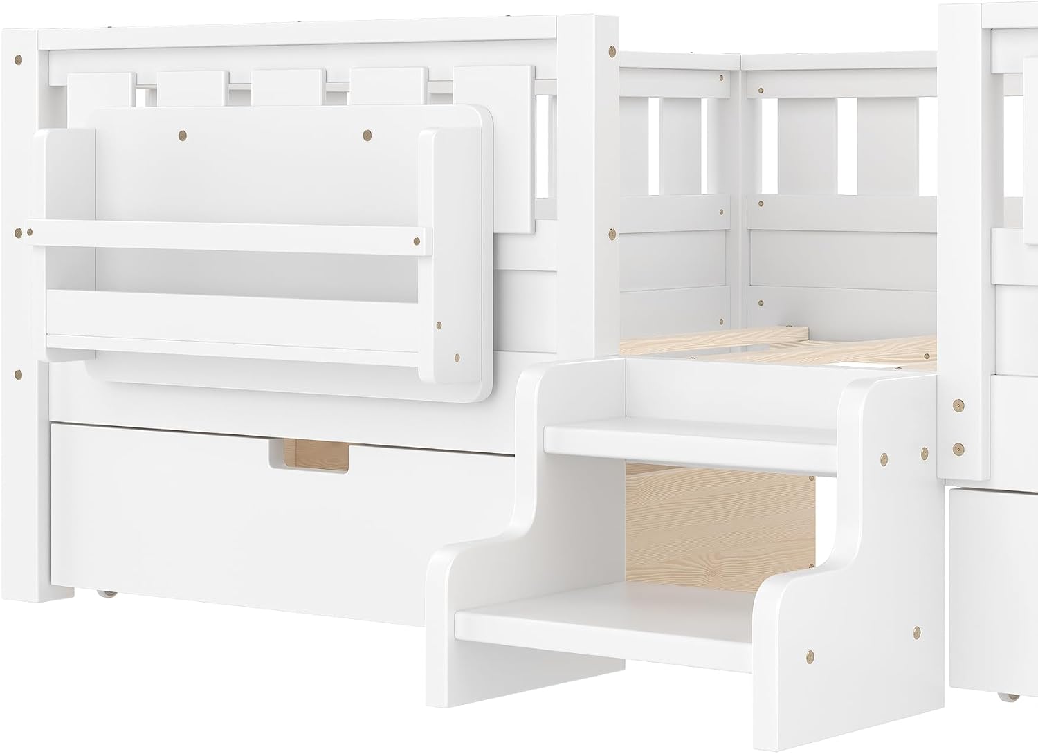 Bellemave Queen Size Bed with Slats and Stairs, Queen Size Platform Bed Frame with Fence, Bookshelf and Storage Drawers, Easy Assemble Beds for Girls, Boys, White