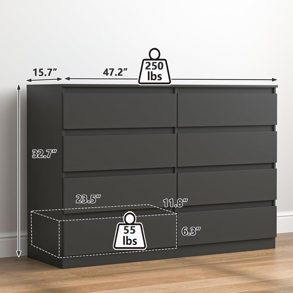 Vibe & Dine Double Dresser 8 Drawer, Modern Wooden Chest of Drawers with Wide Storage for Closet, Bedroom, Living Room, Black