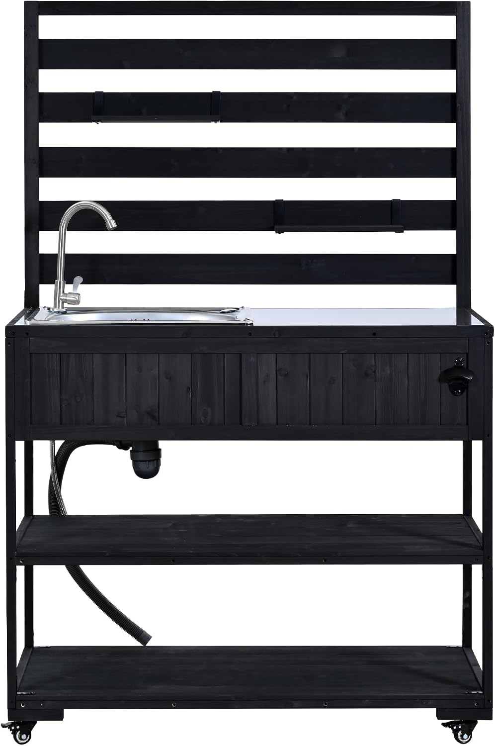 41.7'' Large Patio Rolling Kitchen Island,Solid Wood Kitchen Cart with Sink,Garden Potting Bench with Stainless Table Top,2 Movable Shelves and 1 Bottle Opener (Black-J)