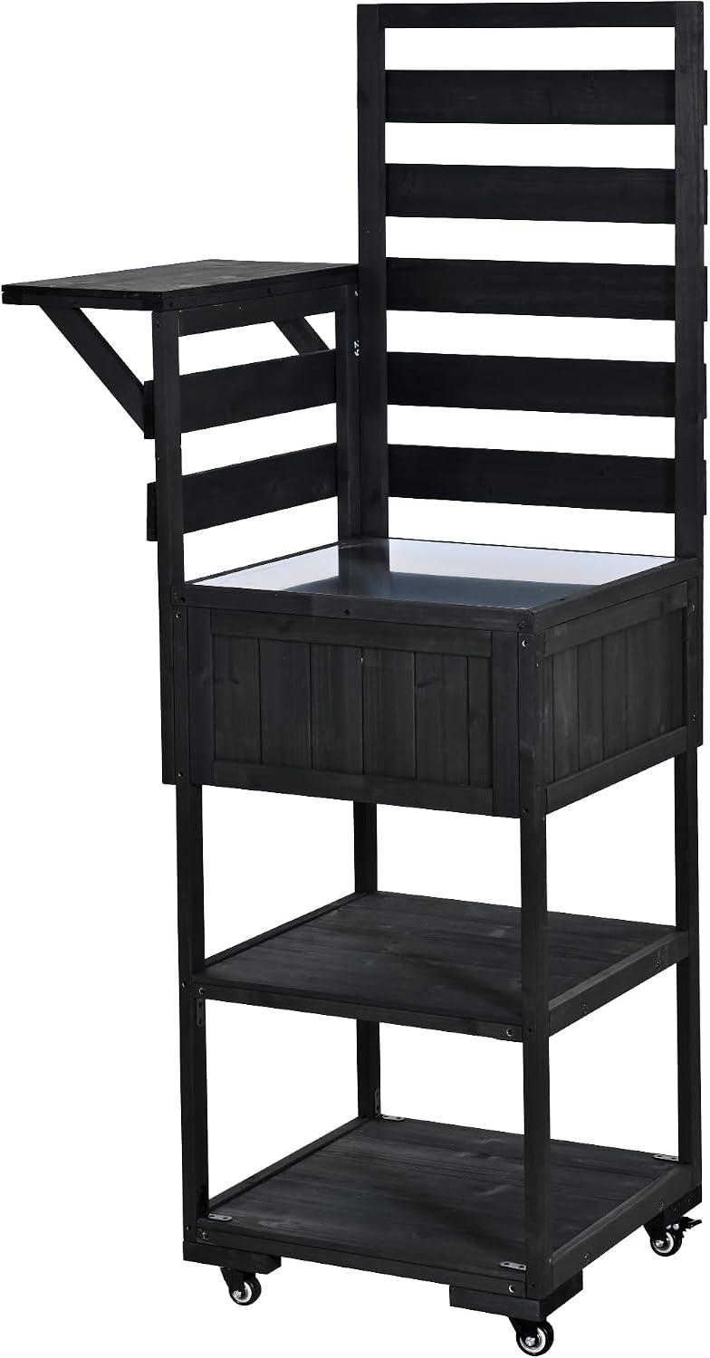 Merax 62.3' W Outdoor Kitchen Island with Stainless Steel Top, Rolling Grill Cart with Lockable Wheels, Garden Potting Bench with Raised Shelf and Drawers, Grill Prep Table for BBQ, Party, Black