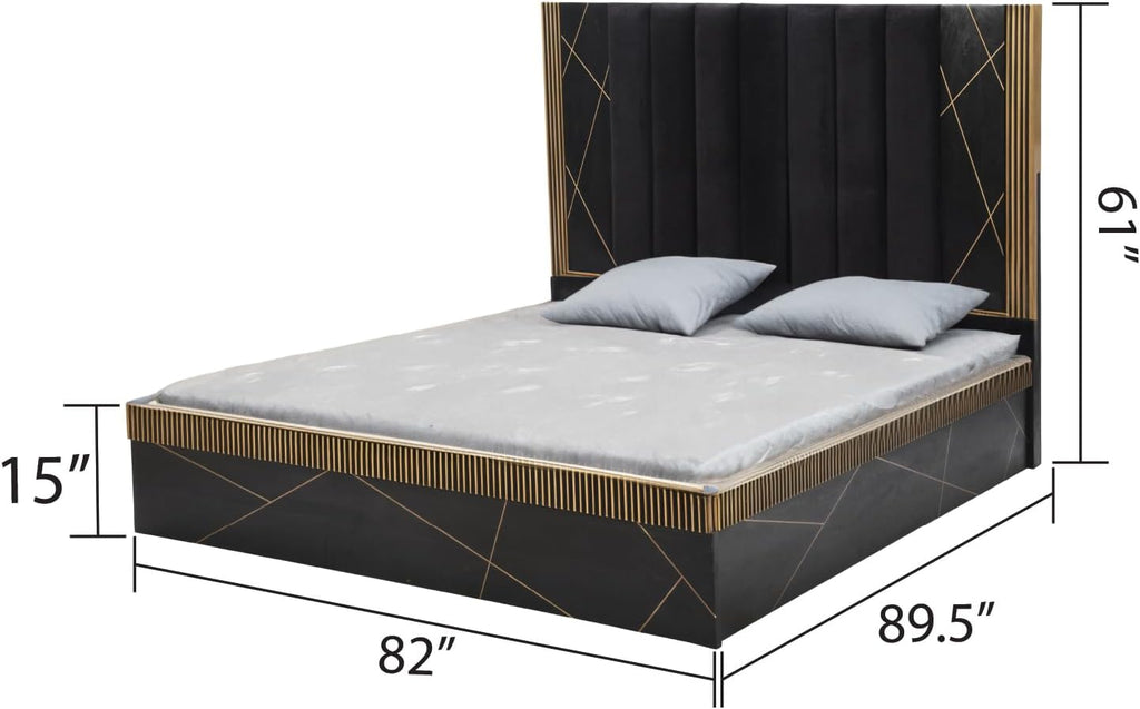 Modern Style 5Pc King Bedroom Set Made with Wood and ed with Black and Brass Metal