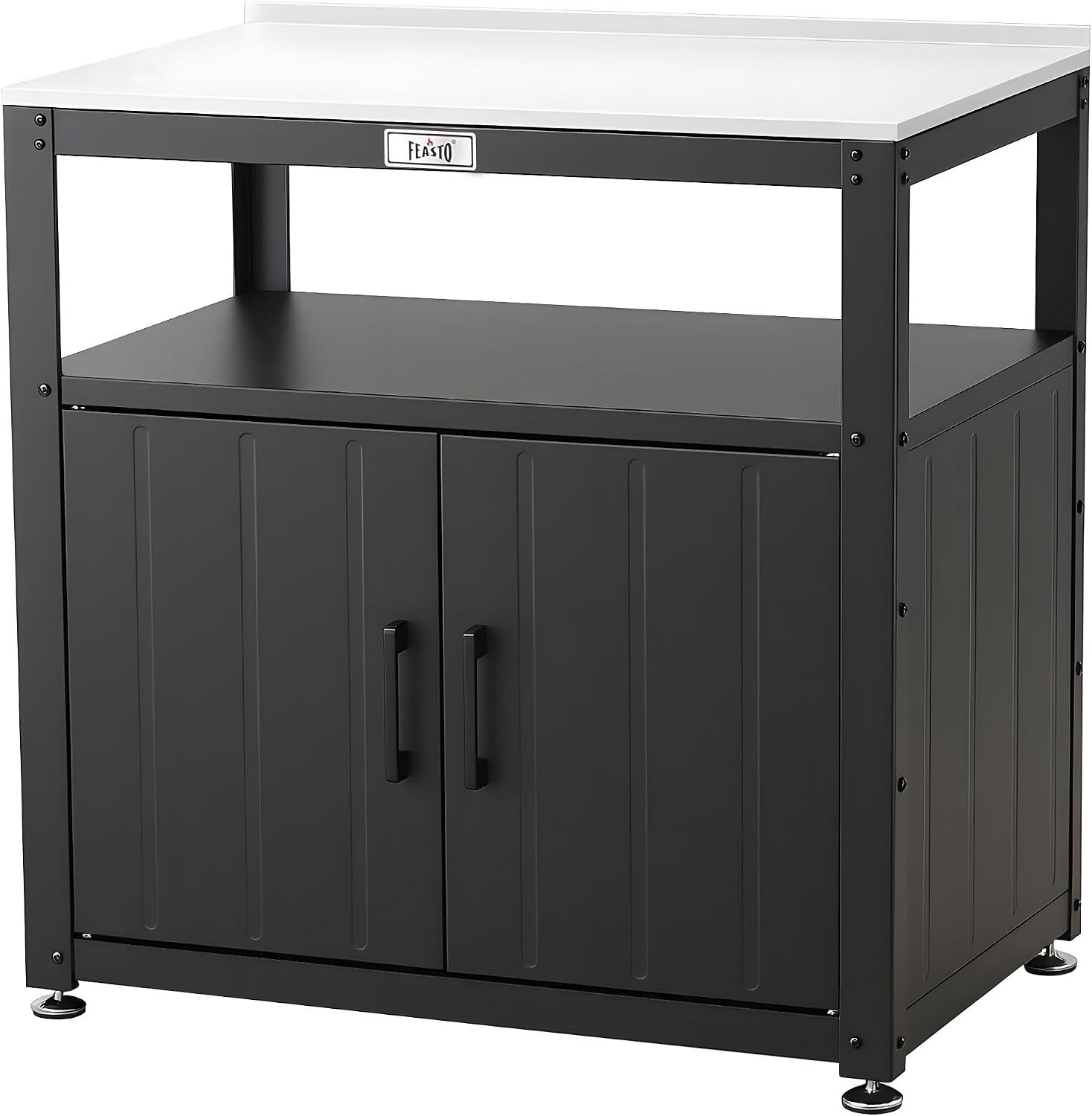 Feasto Heavy-Duty Potting Bench with Storage & Stainless Steel Top | Outdoor Garden Work Table with 200lb Capacity, Adjustable Shelf & Feet, Black