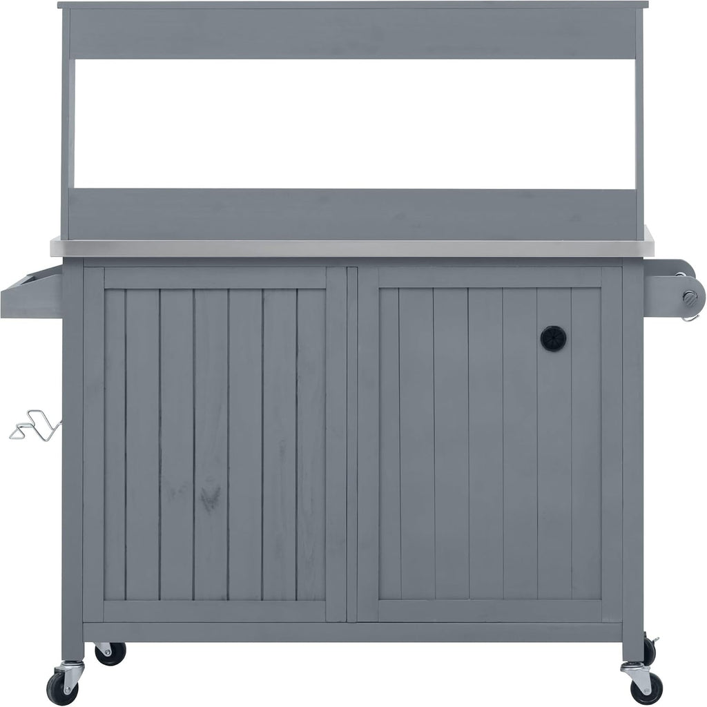 54.1' Outdoor Kitchen Island with High Shelf – Large Potting Bench Table Featuring Stainless Steel Top, Solid Wood Grill Cart, Lockable Wheels & Smart Storage for BBQ, Garden(Grey Blue)