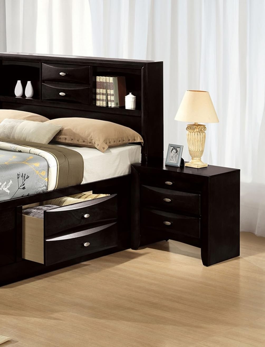 King Size Bed 2X Nightstands Headboard Bookcase Black Color 3pc Set Bedroom Furniture