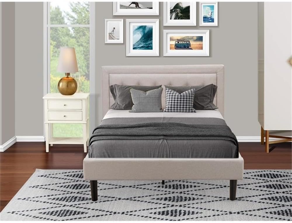 East West Furniture FN08K-1VL0C 2-Piece Fannin King Bedroom Set with 1 Platform Bed and a Small Nightstand - Reliable and Durable Construction - Mist Beige Linen Fabric