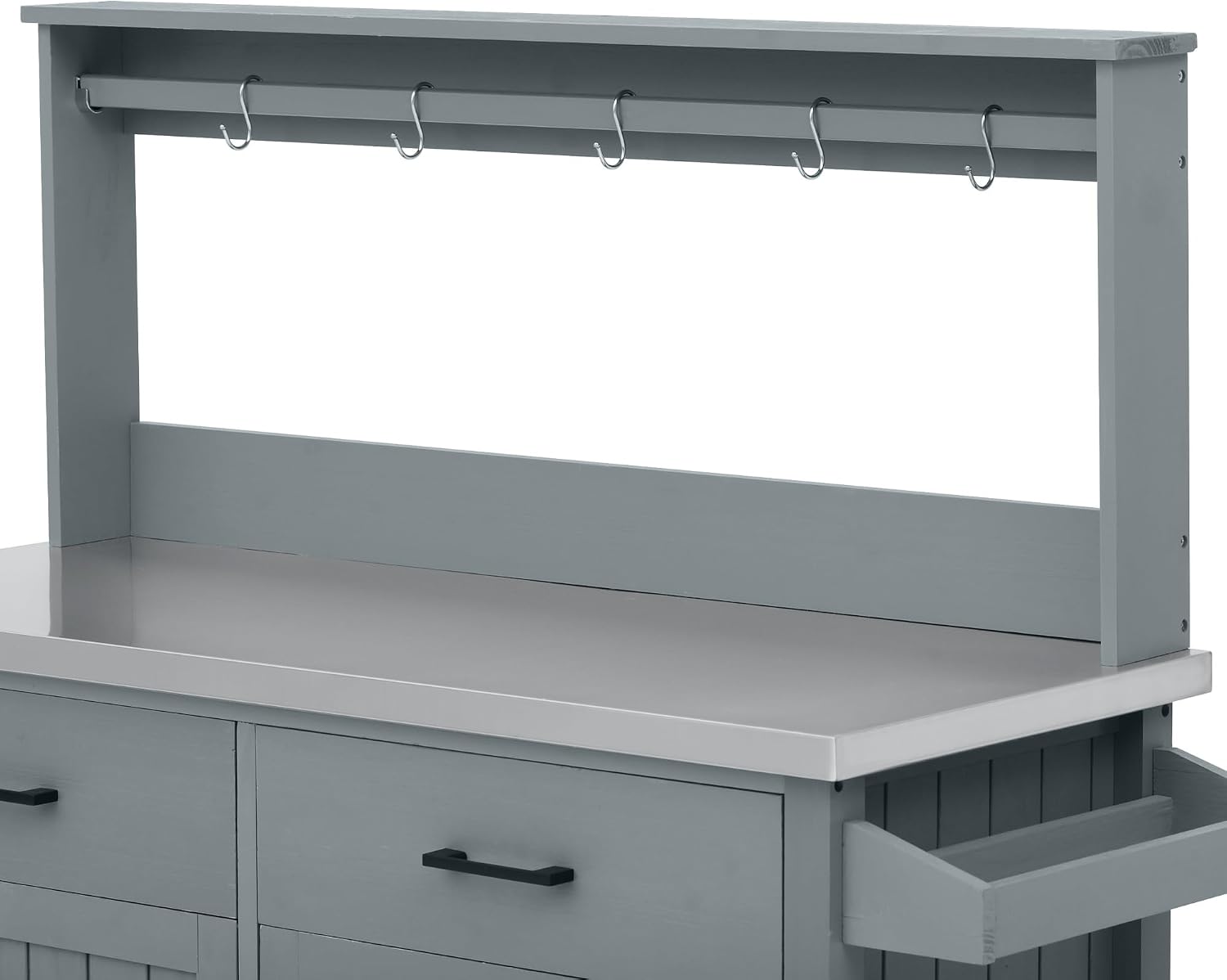 54.1' Outdoor Kitchen Island with High Shelf, Large Outdoor Potting Bench Table with Stainless Steel Top and Storage, Solid Wood Grill Cart With Lockable Wheels for BBQ, Garden (Grey+Blue-54.1')