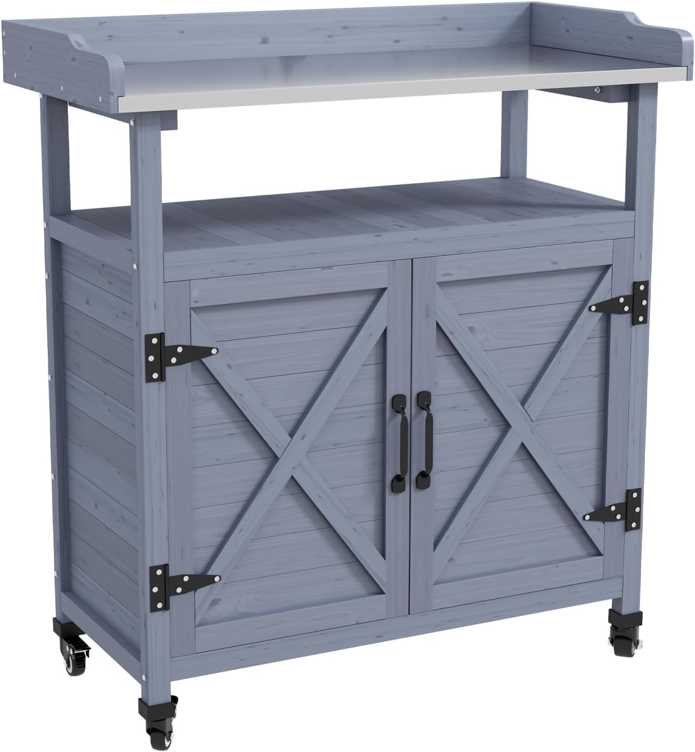 Outdoor Potting Bench with Storage Cabinet, Aluminum Table Top, Rubber Wheels - Gray