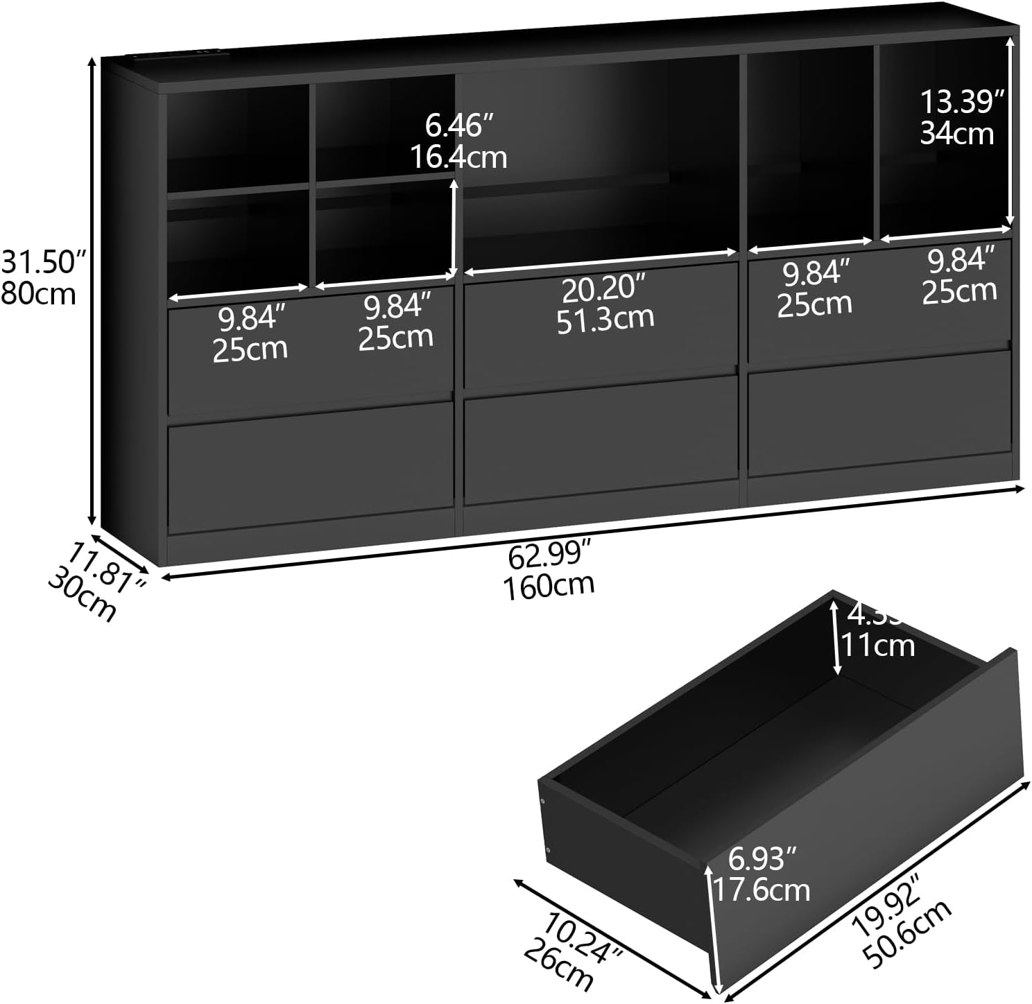 Gyfimoie Black Dresser for Bedroom with 6 Drawers, Chest of Drawers with Led Lights&Charging Station, 63' Long Dresser with 7 Open Cubbies, Storage Drawers for Living Room, Closet, Hallway (Black)