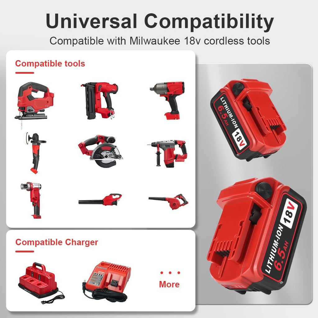 TeenPower Upgraded 6/pk 18V Replacement for Milwaukee M-18 Battery 6500mAh Replacement for Milwaukee 48-11-1820 48-11-1840 48-11-1850 48-11-1828 48-11-1862 48-11-1852 48-59-1812 48-59-1802