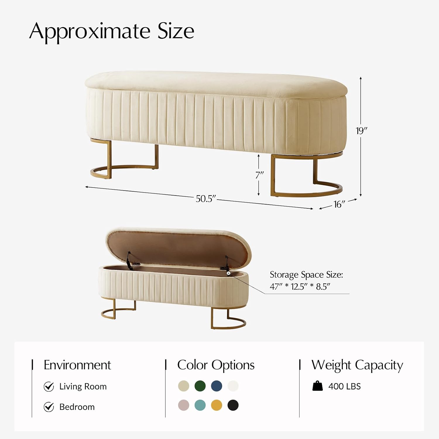 EcoHarbor Living 50.5' Storage Bench Hallway Ottoman,Upholstered End of Bed Bench Velvet with Gold Legs,Flipping Lid Entryway Footrest