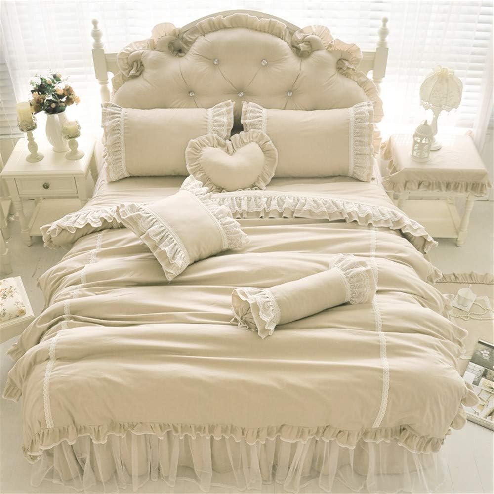 LELVA Chic Wrinkle Girls Bedding Solid Color Shabby Ruffle Duvet Cover Set Full Cotton 4 Piece Romantic Lace Design Bed Skirt Khaki