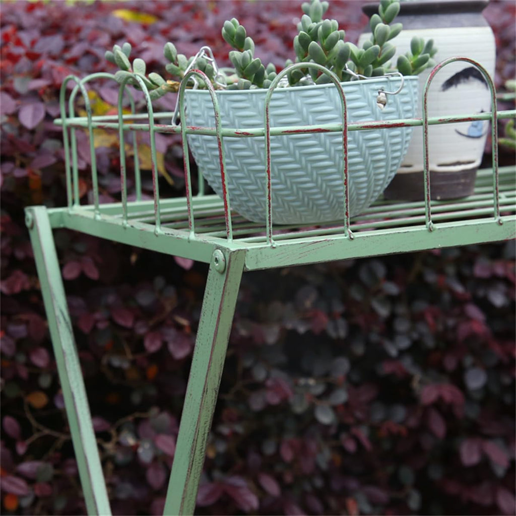 Garden Plant Stand,Outdoor Potting Bench Table,Old Balcony Iron Flower Stand with Fence,2 Tier Metal Waterproof Plant Shelf,for Living Room Patio Home Decor,Green