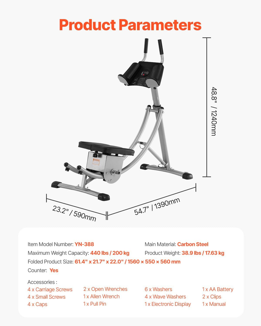 VEVOR AB Workout Machine, Ab Workout Equipment at Home Gym, Core & Abdominal Trainers for Women, 440 lbs Weight Capacity Strength Training Ab Cruncher, Foldable Adjustable Fitness Exerciser