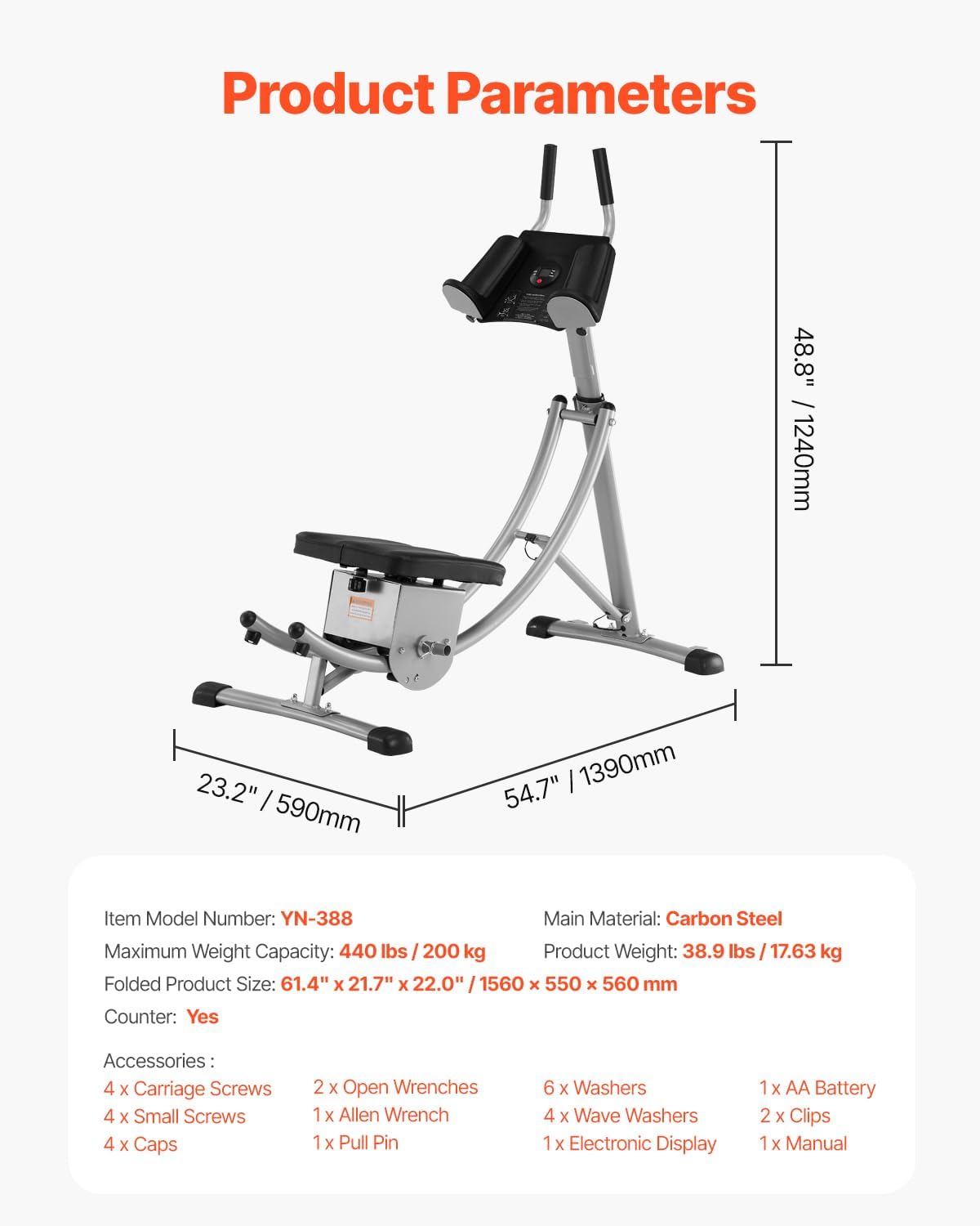 VEVOR AB Workout Machine, Ab Workout Equipment at Home Gym, Core & Abdominal Trainers for Women, 440 lbs Weight Capacity Strength Training Ab Cruncher, Foldable Adjustable Fitness Exerciser