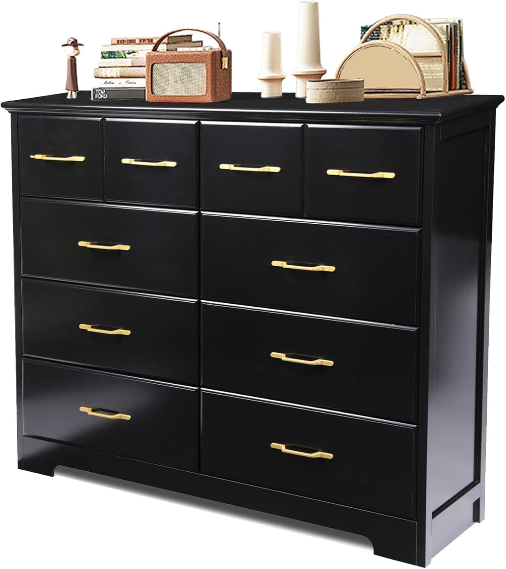 NEDYO 8 Drawer Dressers for Bedroom, 40 Inch Large Wide Dresser, Mid Century Modern Drawer Chest with Gold Hardware, Wooden Chest of Drawers. Black