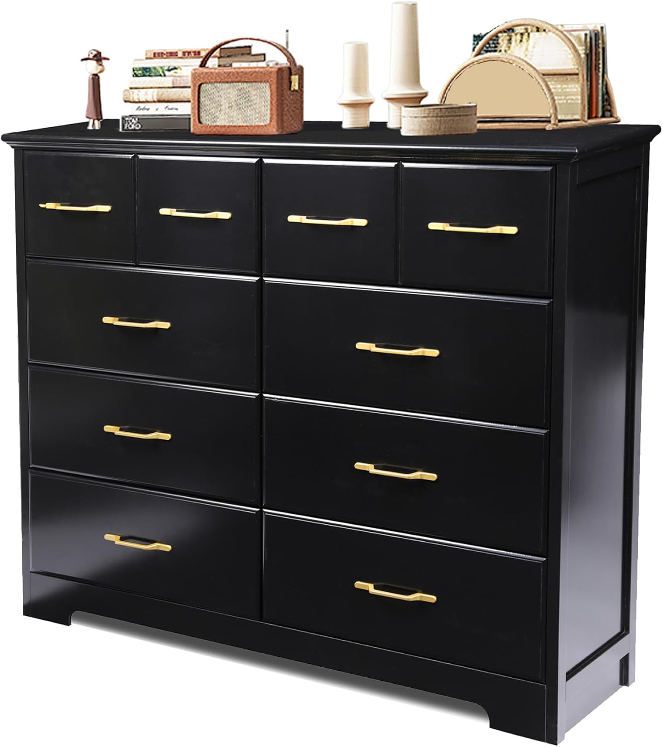 NEDYO 8 Drawer Dressers for Bedroom, 40 Inch Large Wide Dresser, Mid Century Modern Drawer Chest with Gold Hardware, Wooden Chest of Drawers. Black