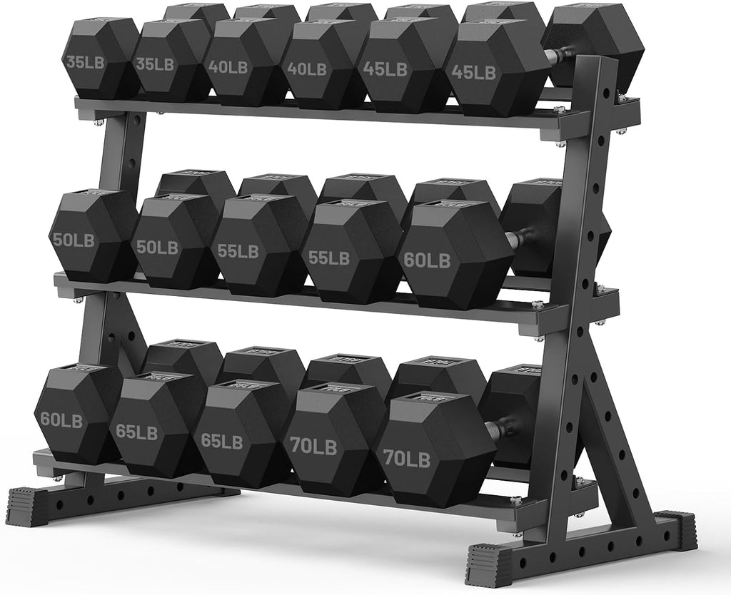 PAPABABE Hex Dumbbell Set with Rack, Rubber Encased Free Weight with Weight Storage Racks, Multiple Weight Options for Home Gym and Fitness