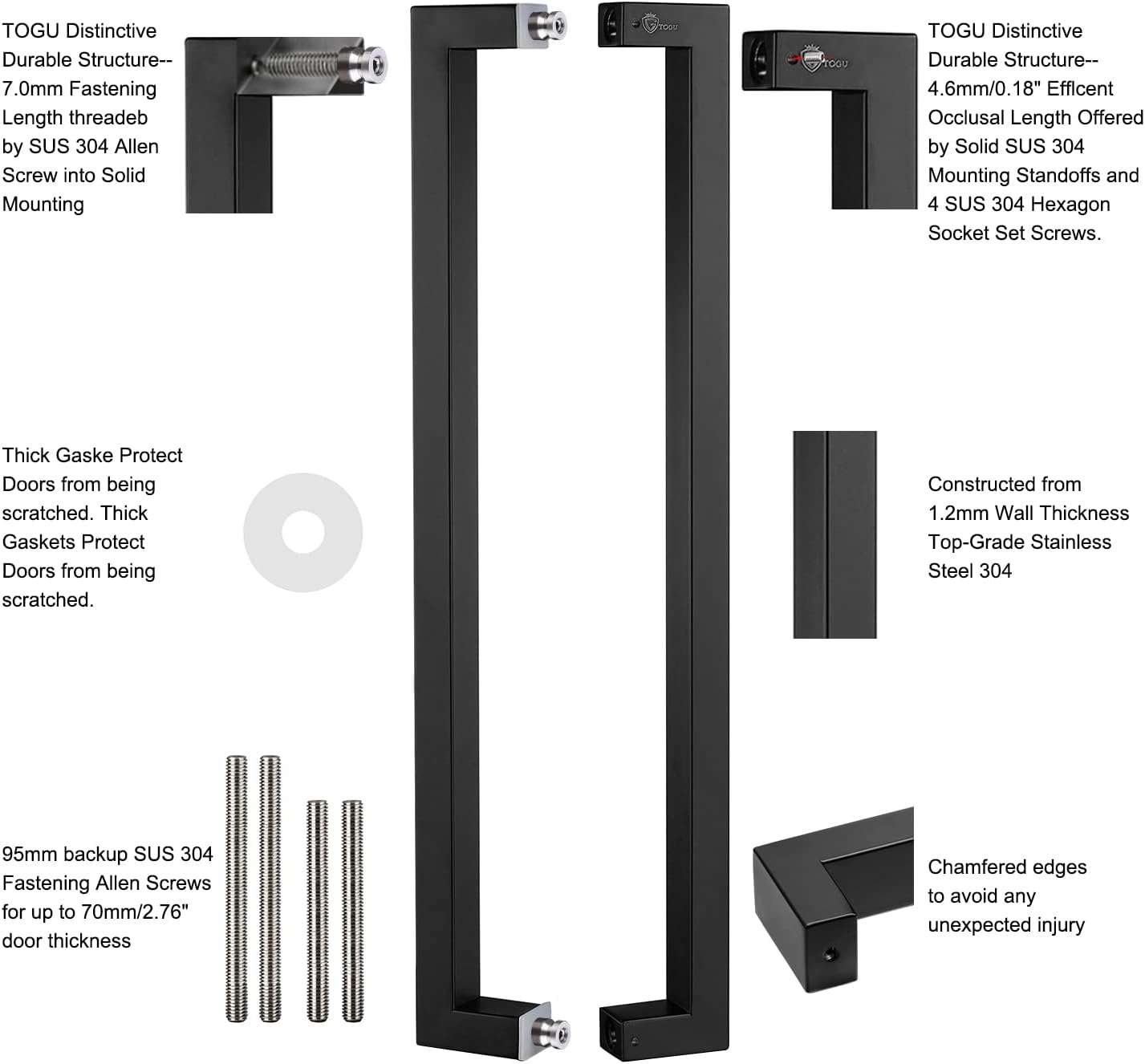 Togu TG-R3825 71 inches Solid Standoffs Heavy-Duty Commercial Grade-304 Stainless Steel Push Pull Door Handle/Barn Door Pull Handle/Glass Pulls, Matte Black Finish