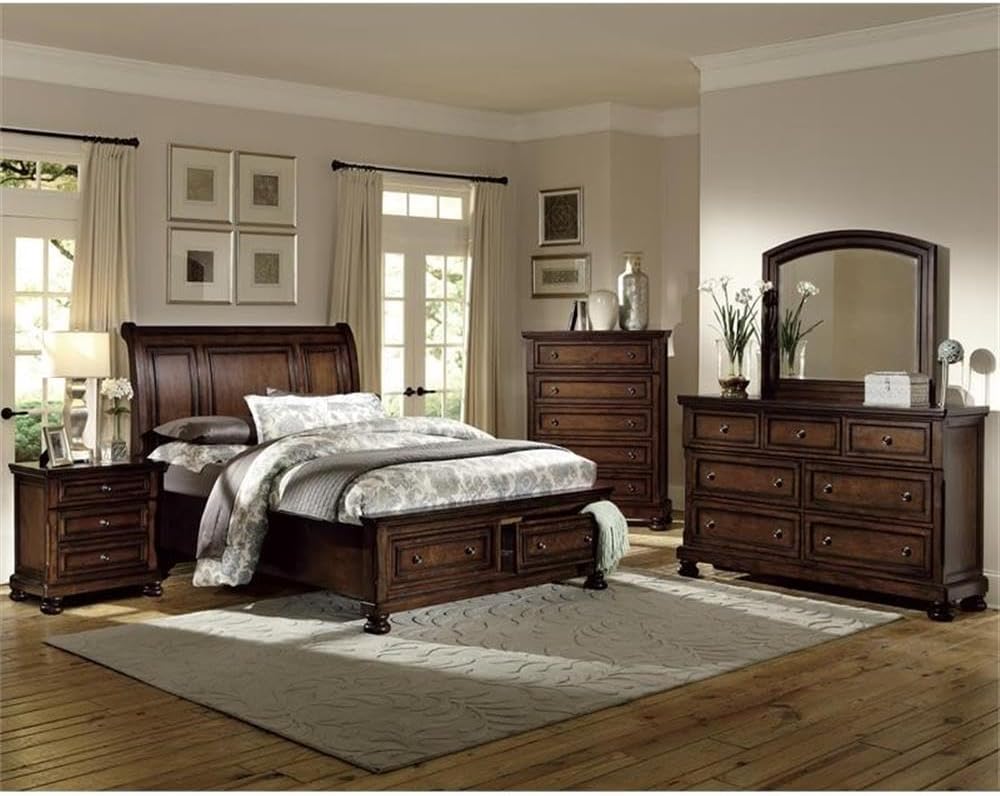 Pemberly Row Traditional Full Sleigh Platform Bed, Brown Cherry Finish, Wood & MDF Frame with Birch Veneer, 2-Drawer Storage Footboard, Includes Headboard, Slats & Rails for Transitional Bedroom Use