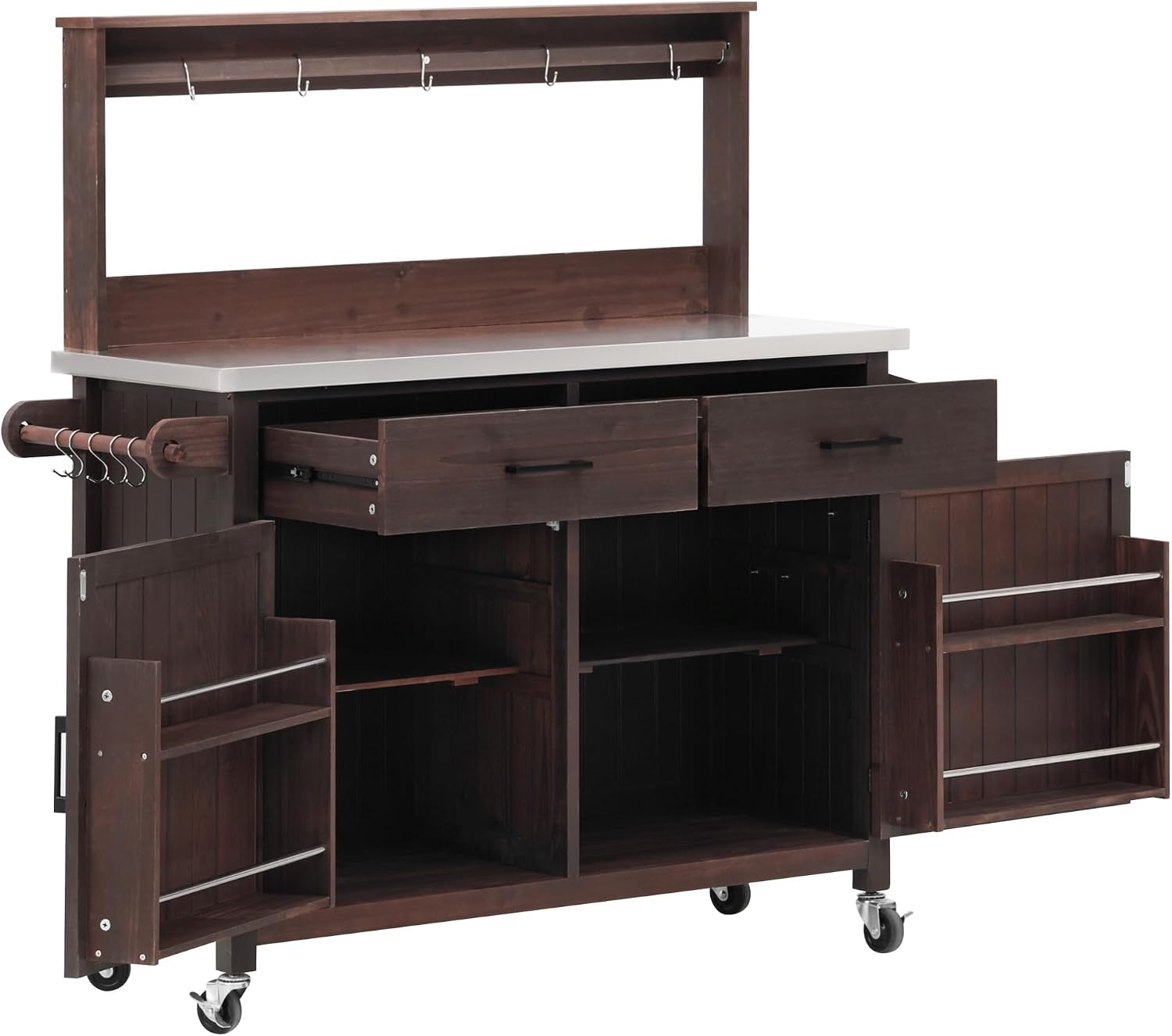 54.1' Outdoor Kitchen Island with High Shelf – Large Potting Bench Table Featuring Stainless Steel Top, Solid Wood Grill Cart, Lockable Wheels & Smart Storage for BBQ, Garden(Brown)