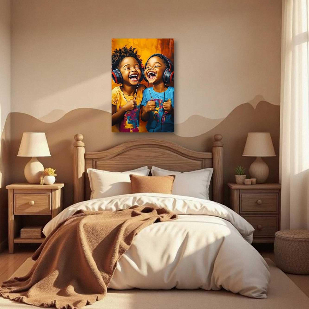 XLMDYYSW African American Wall Art Two African Children with Headphones Picture Black Kids Music Canvas Print Kid Laughter Painting Boy Girl Room Decor Frame (42L x 28W)
