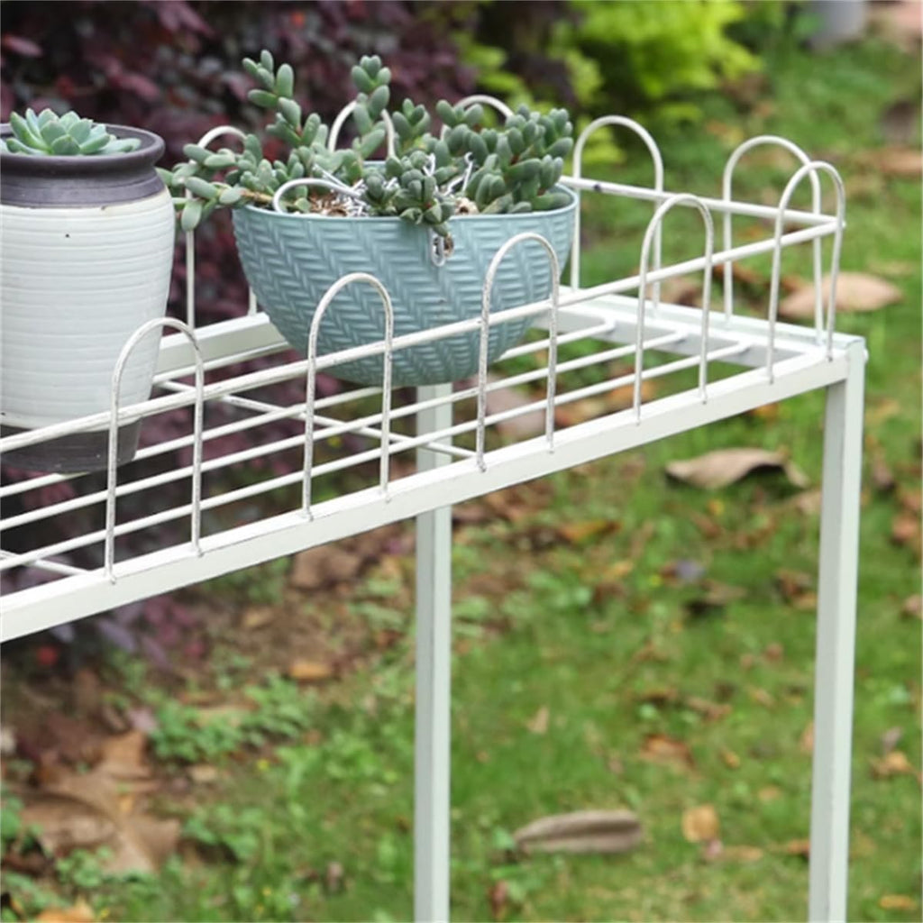 Outdoor Garden Potting Bench Table, 2 Tier Metal Plant Stand with fence,Heavy Duty Metal Shelves,Plant Shelf for Indoor Outdoor,Metal Outdoor Plant Stand Holder Rack,for Balcony and Garden ,White