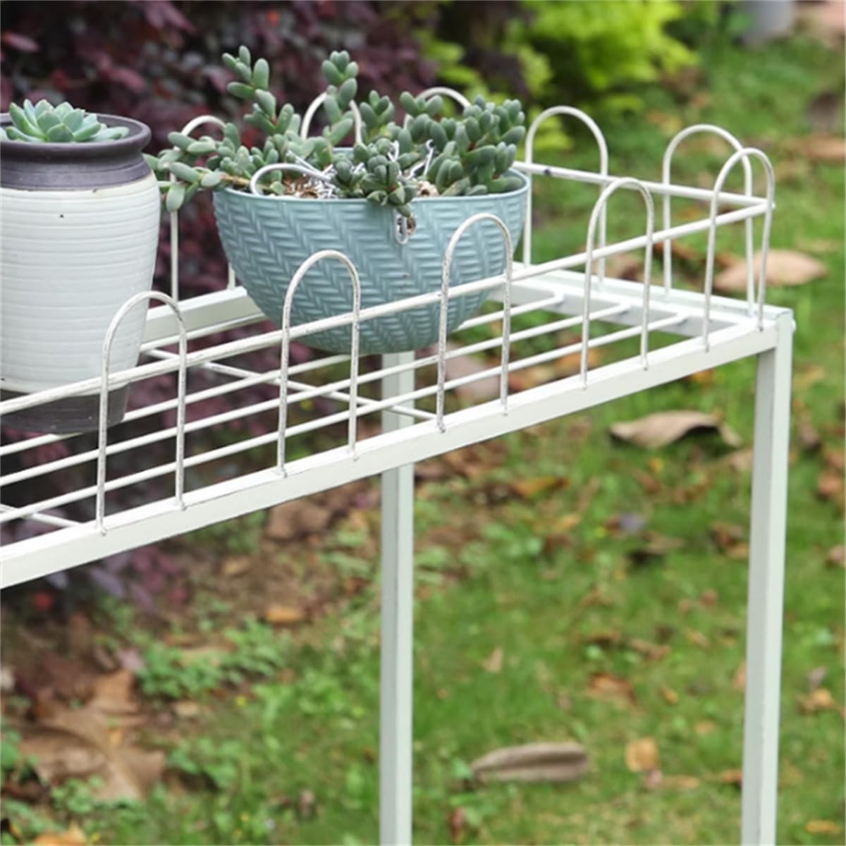 Outdoor Garden Potting Bench Table, 2 Tier Metal Plant Stand with fence,Heavy Duty Metal Shelves,Plant Shelf for Indoor Outdoor,Metal Outdoor Plant Stand Holder Rack,for Balcony and Garden ,White