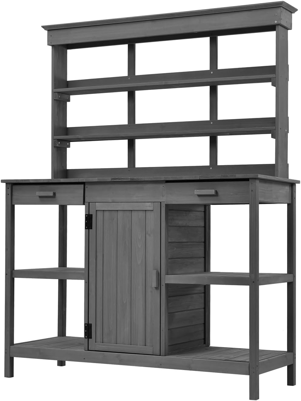 Outdoor Garden Potting Bench Table - 66' Large Wooden Potting Bench Table Garden Workstation with 2 Drawers, Cabinet and Open Shelves for Backyard, Mudroom, Gray