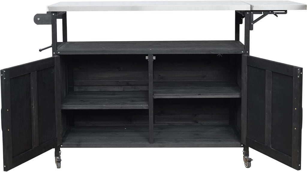 60.6' Outdoor Kitchen Island with Storage Cabinet, Solid Wood Grill Table Cart with Foldable Stainless Steel Top, Wheels and Adjustable Shelves, Outdoor Cooking Table for BBQ, Food Prep, Black