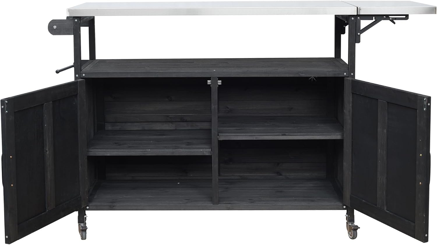 60.6' Outdoor Kitchen Island with Storage Cabinet, Solid Wood Grill Table Cart with Foldable Stainless Steel Top, Wheels and Adjustable Shelves, Outdoor Cooking Table for BBQ, Food Prep, Black