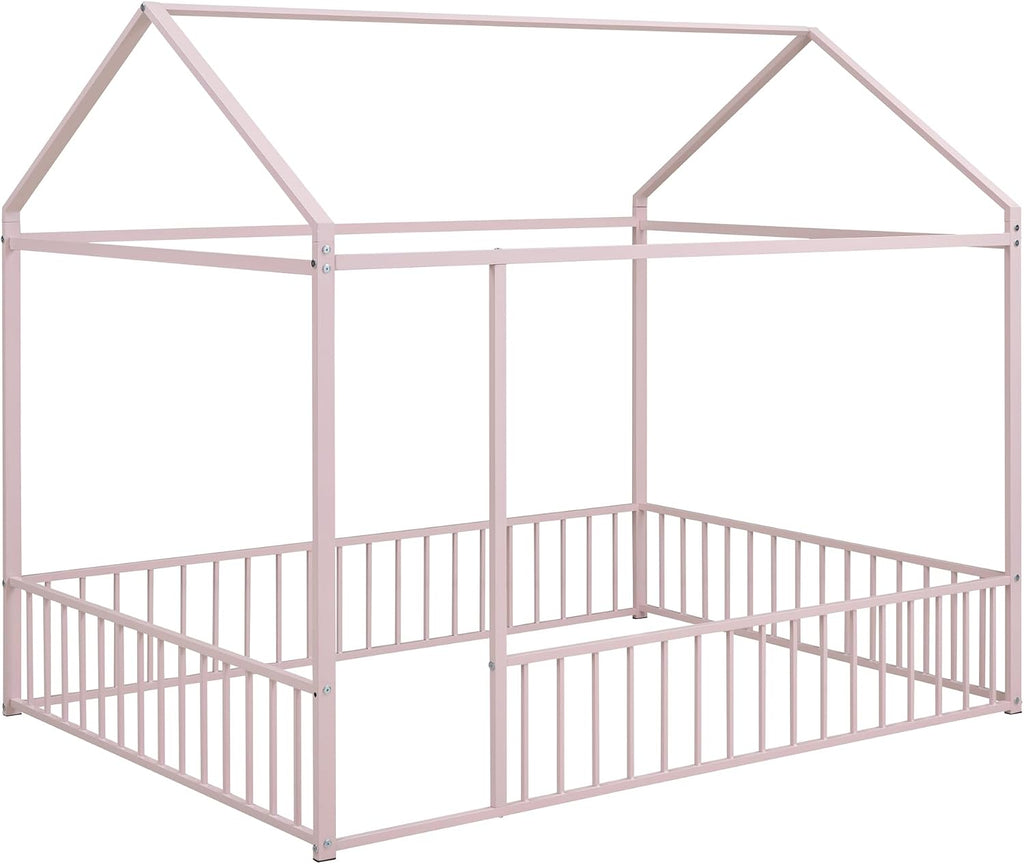 Bellemave Full Size House Floor Montessori Bedframe with Rails and roof, Metal House Bed for Kids, Montessori Floor Beds for Kids White